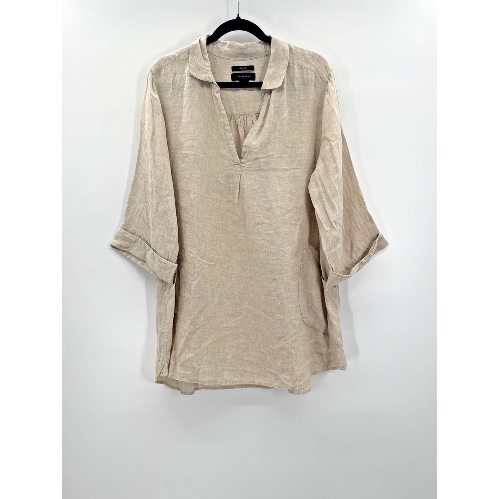 Tahari Women 1X Linen Oversized Top Pockets Collared Oatmeal Fisherman Lagenlook